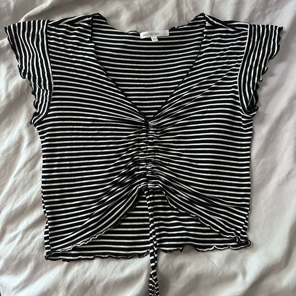 AntiStar Ruched Cinch-Front Striped Tee – Size L – Black/White Soft Knit